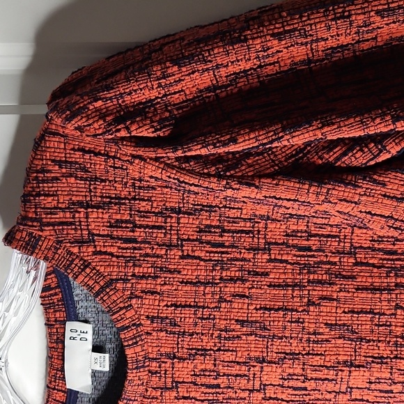 Anthropologie Ro&De Perette Frill Blouse Size XS Rust Navy Blue Textured Peplum - Picture 3 of 12